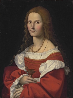 Portrait of a lady as Mary Magdalene, half-length, in a red dress and pearl necklace by Giovanni Francesco Caroto