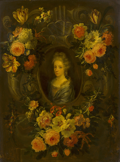 Portrait of a Lady Encircled by a Wreath of Flowers by Jan Baptist Morel