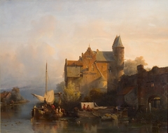 Rivierlandschap met gebouw en waterpoort by Solomon Leonard Verveer