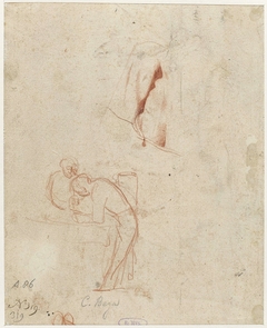 Schetsen van twee staande figuren en een draperiestudie by Cornelis Pietersz Bega