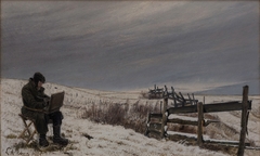 Snow landscape with the painter Aage Bertelsen at his work by Laurits Andersen Ring