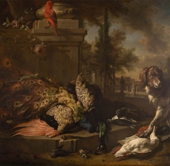 Still Life of Dead Poultry, a Parrot and a Spaniel in a Park by Jan Weenix