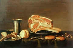 Still life with cut of beef, chalice and bread by Floris van Schooten