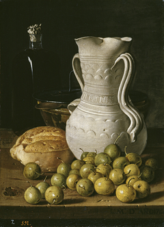 Still Life with Small Pears Bread Flask Bowl and Dry Leaves by Luis Egidio Meléndez