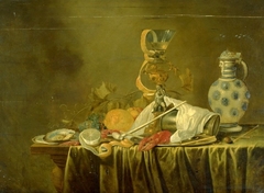 Still life with wine glass and stoneware jug by Cornelis Mahu