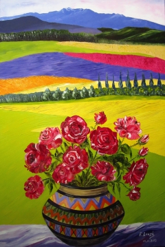 The Bright Landscape and Vase with Roses. by Elena Roush