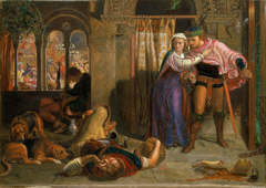 The flight of Madeline and Porphyro during the drunkenness attending the revelry (The Eve of St. Agnes) by William Holman Hunt