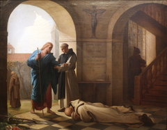 Trappist monks welcoming a stranger by Jules-Joseph Dauban by Jules Dauban