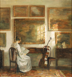 Woman at a table near a cello. by Carl Holsøe