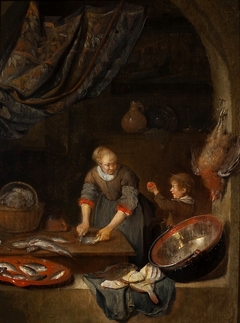 Woman flaying a fish and a child by Quirijn van Brekelenkam