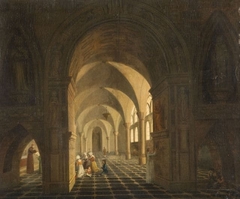 A franciscan monk blessing people in a church interior by Thérèse-Victoire de Manne