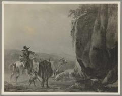 A horseman with two cows and sheep crossing a ford by Nicolaes Pieterszoon Berchem