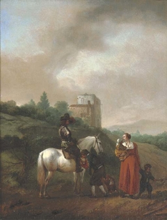 A man on a white horse conversing with a woman and children on a track by Philips Wouwerman