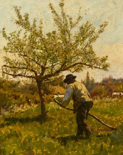 A Man scything in an Orchard by James Charles