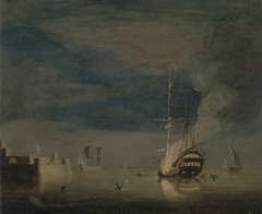 A Two-Decker on Fire at Night off a Fort by Charles Brooking