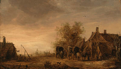 A view of the village of Renkum, with travellers in wagons resting on the roadside by an inn by Jan van Goyen