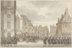 Aankomst van Prins Willem V en Frederica Sophia Wilhelmina van Pruisen bij het Stadhuis op de Dam te Amsterdam, 30 mei 1768 by Reinier Vinkeles