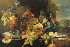 Abundant Still Life with a Parrot by Jan Davidsz. de Heem