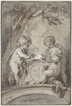 Allegorie met drie putti bij een altaar by Jacob de Wit