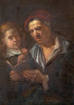 An Old Man with an Open Book and a Child playing the Flute by Anonymous