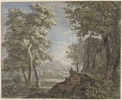 Arcadisch landschap met antiek bouwval en twee mannen by Jacob van Liender