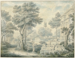 Arcadisch landschap met een graftombe by Louis Fabritius Dubourg