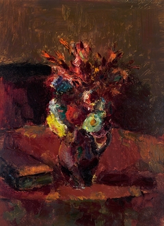 Blumenbouquet mit rotem Tischtuch by Anton Faistauer