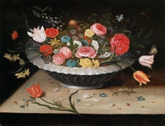 Bowl with tulips, roses and narcissi by Jan Brueghel the Younger