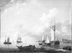 Calm river scene with ships by Hermanus Koekkoek