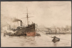 Een stoomzeilschip voor de Maasbruggen te Rotterdam by George Lourens Kiers