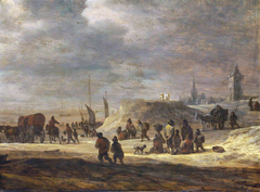 Fishermen and peasants on a beach with a village beyond by Adriaen van der Cabel