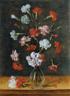 Flowers in a glass vase on a table by Philips de Marlier