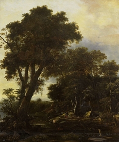 Forest landscape with lean-to by Roelant Roghman