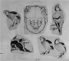 Four sketches of birds and one design for a grotesque mask, mounted together by Katsushika Hokusai