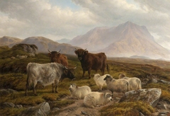 Highland Cattle and Sheep in a Mountainous Landscape by Charles Jones