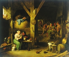 Interior of a tavern with woman smoking and man offering her a drink with an old woman looking on by David Teniers the Younger