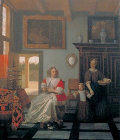 Interior with a woman knitting and a maid with a girl by Pieter de Hooch