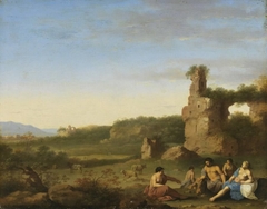 Italienische Landschaft mit Ruinen und Staffage by Cornelius van Poelenburgh