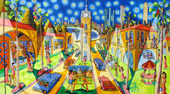 jaffa tel aviv the clock naive art paintings folk urban landscape painting by israeli painter raphael perez by Raphael Perez