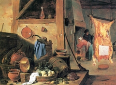 Kitchen interior with Still-life and Slaughtered Ox by David Teniers the Younger