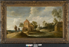 Landschap met twee reizigers en verschillende huizen langs een rivier by David Teniers the Younger