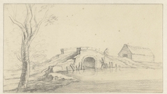 Landschap met vervallen stenen brug by Hendrik Chalon