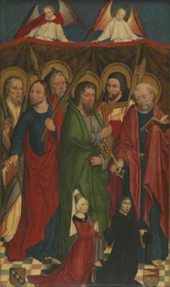 Left wing of St. Laurenz triptych - 6 Apostles and the donor Gerhard von Wesel (1443-1510) with his third wife Adelheid Bischof by Derick Baegert