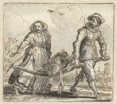 Man en een vrouw dragen huisraad op een berrie by Adriaen Pietersz. van de Venne