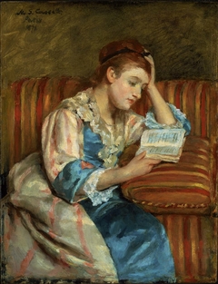 Mrs. Duffee Seated on a Striped Sofa, Reading by Mary Cassatt