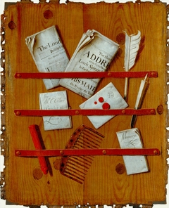 Newspapers, Letters and Writing Implements on a Wooden Board by Evert Collier