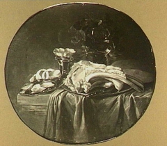 Oval still life with ham, salt cellar and lemon by Jasper Geeraards