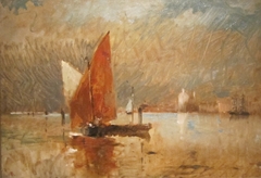 Red Sail in the Harbor at Venice by Frank Duveneck