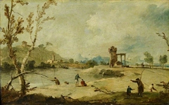 River Landscape with a Ruined Tower and a Distant Village by Francesco Guardi