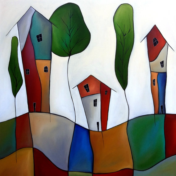 Settling Down Original Abstract Modern home decor colorful houses huge wall art by Fidostudio by Tom Fedro USEUM